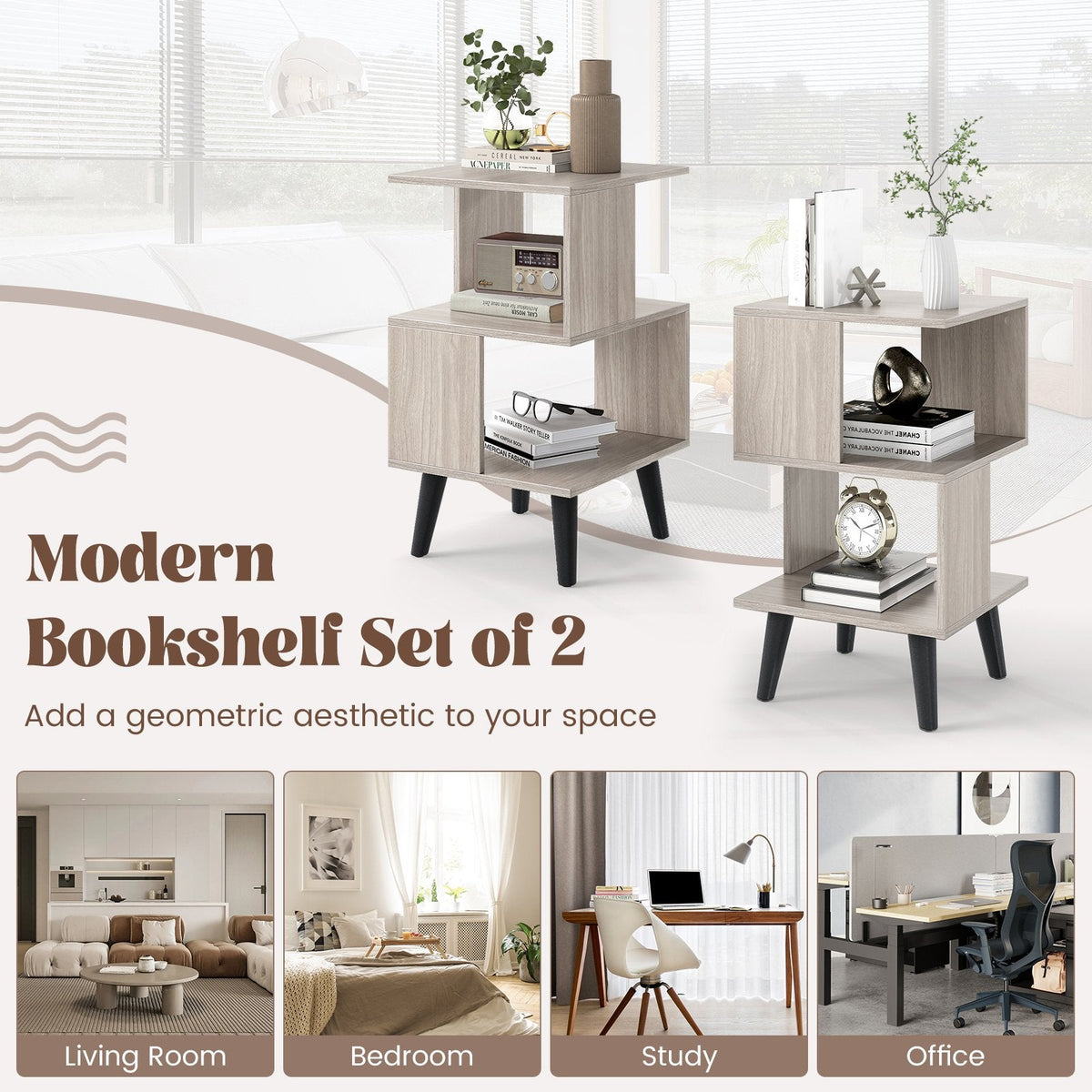 3 Tier Geometric Bookshelf Set of 2 with Open Storage Shelves