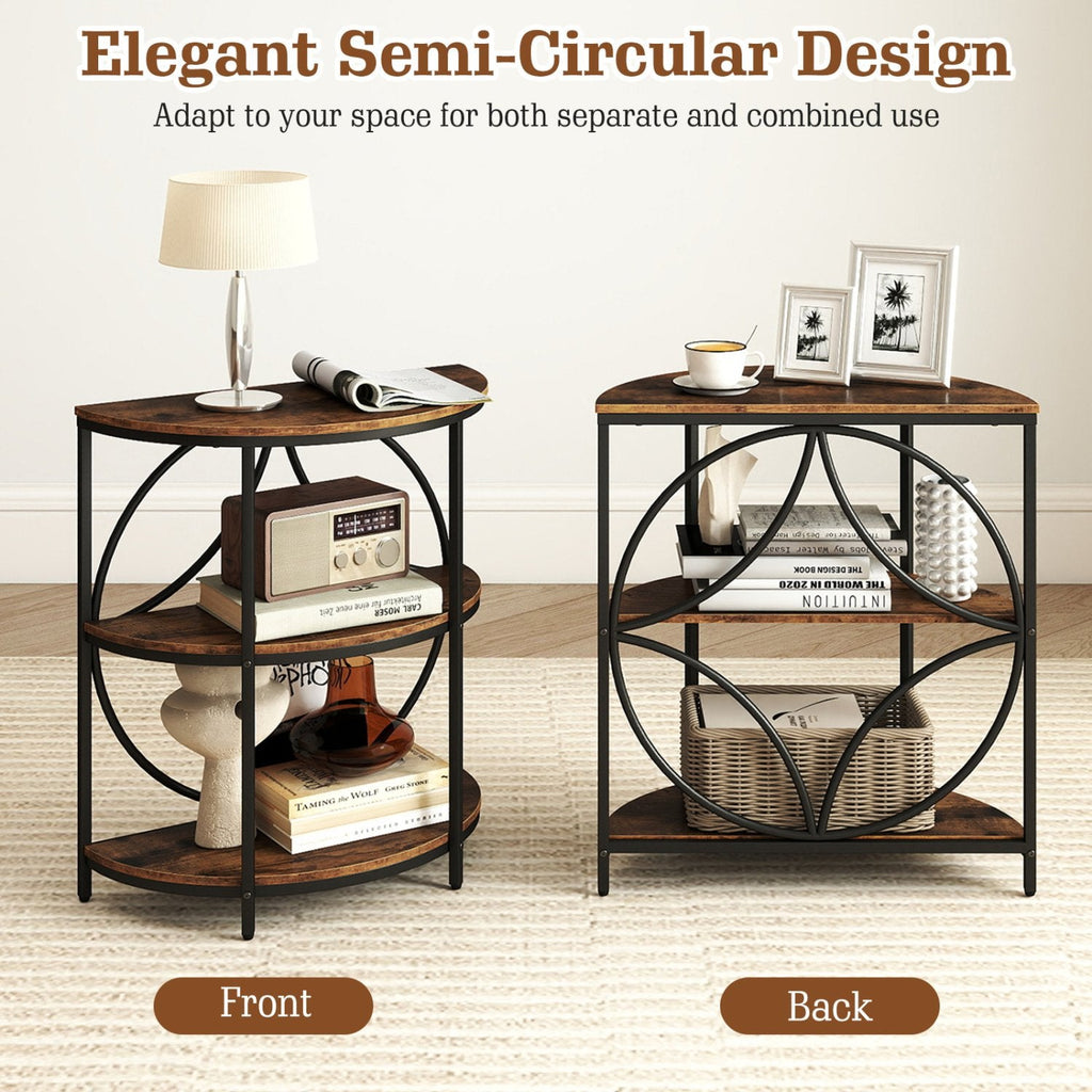 3-Tier Half Round End Table with Study Metal Frame for Living Room-Rustic Brown