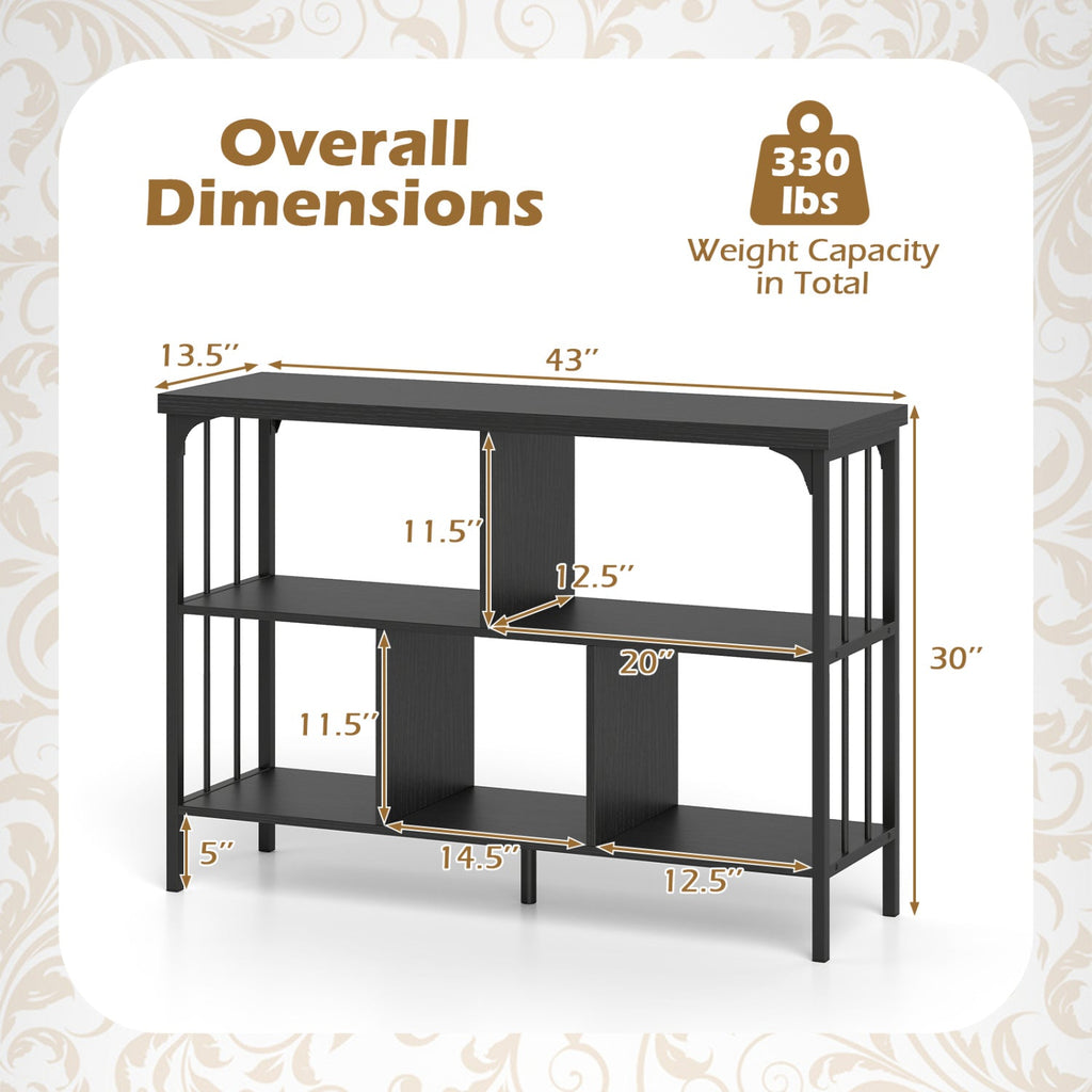 3-Tier Horizontal Cubby Bookshelf with Open Shelves-Black
