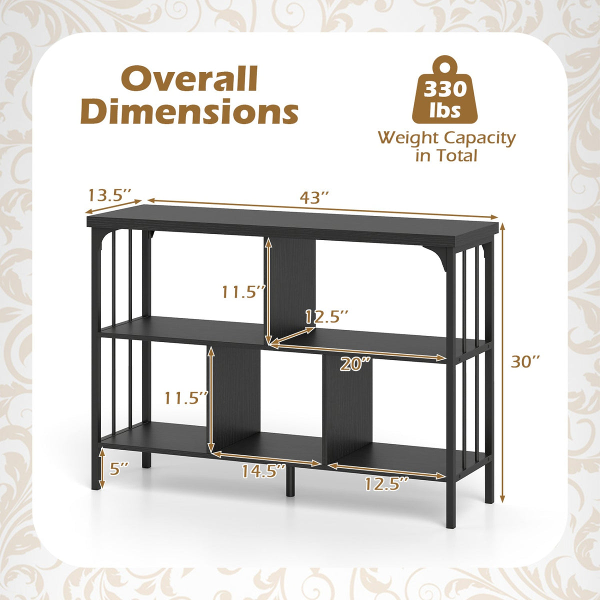 3-Tier Horizontal Cubby Bookshelf with Open Shelves-Black