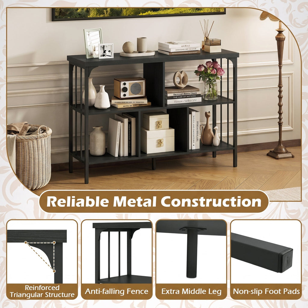 3-Tier Horizontal Cubby Bookshelf with Open Shelves-Black
