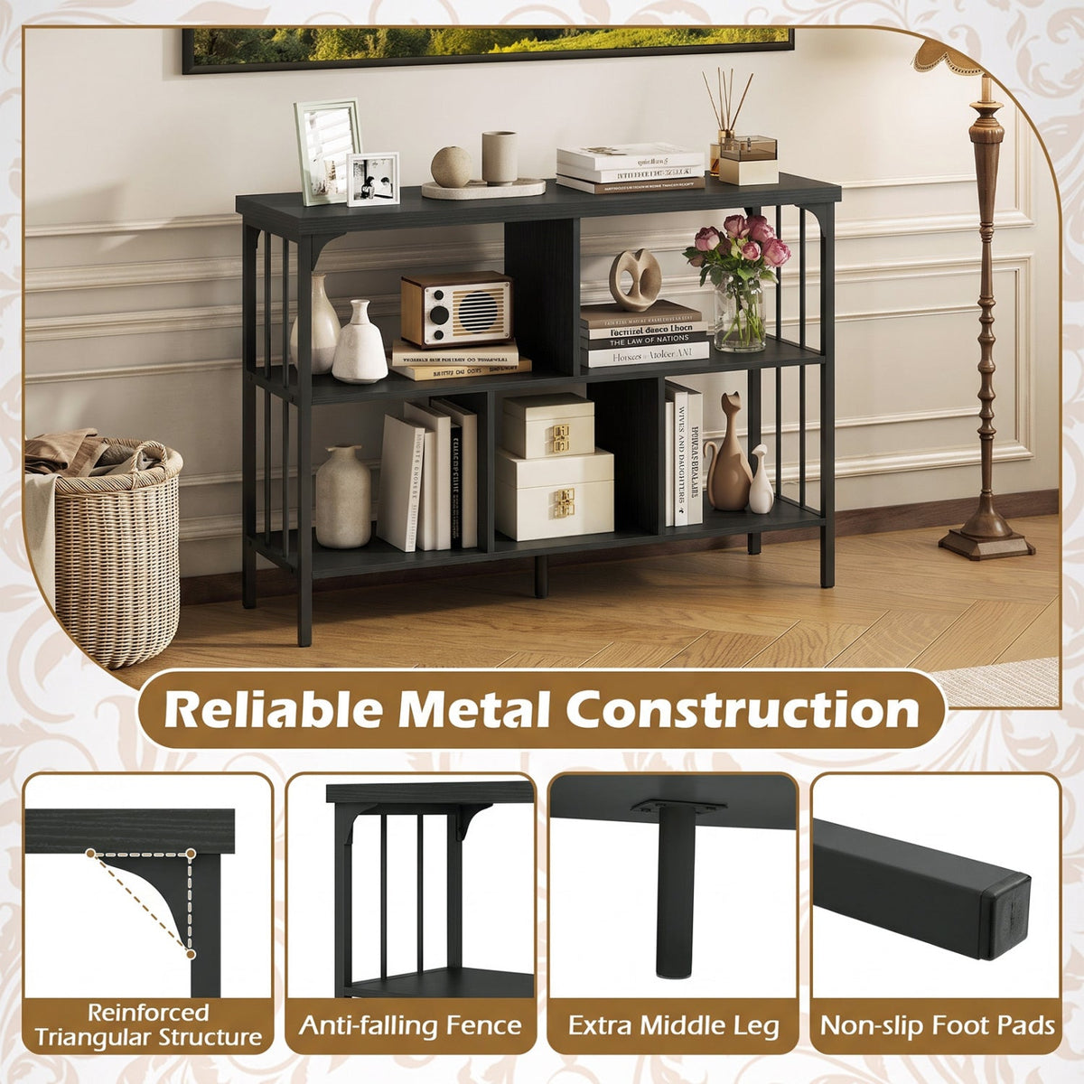 3-Tier Horizontal Cubby Bookshelf with Open Shelves-Black