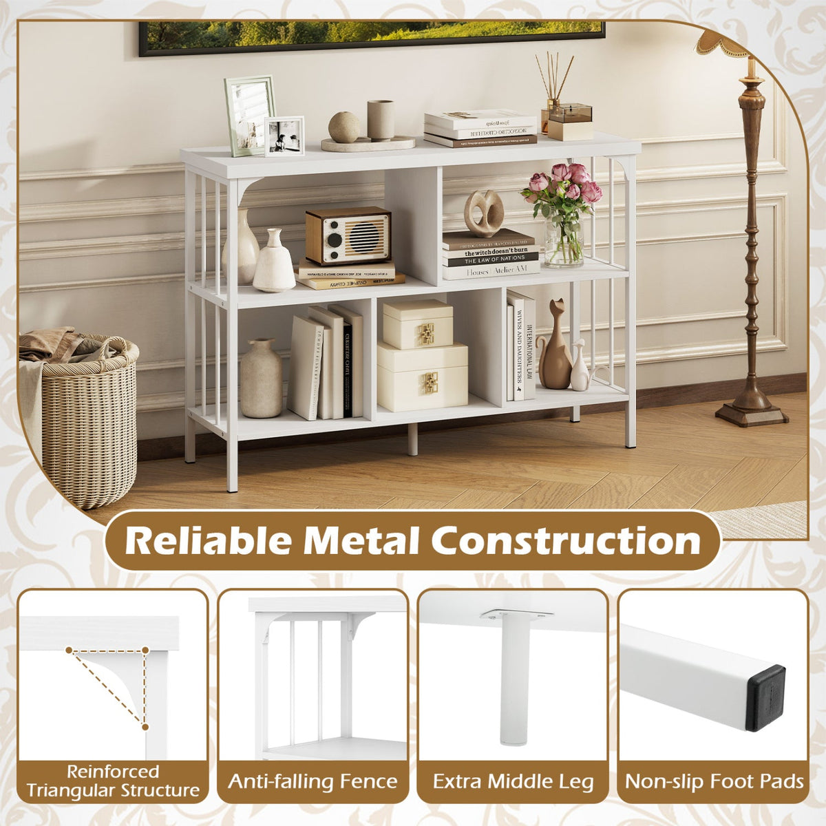 3-Tier Horizontal Cubby Bookshelf with Open Shelves-White