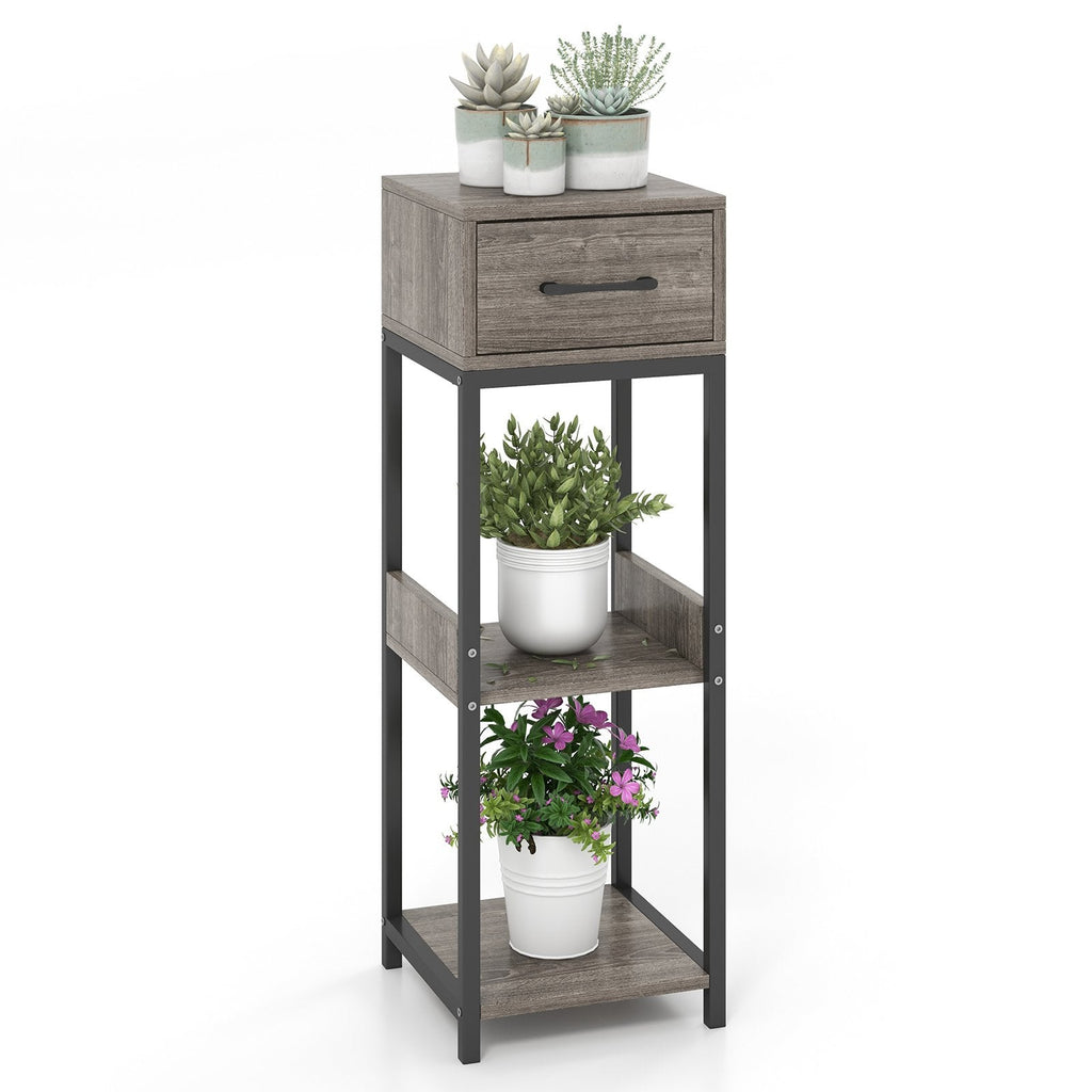 3-Tier Tall Plant Stand with Drawer and Anti-Tipping Kit, Grey