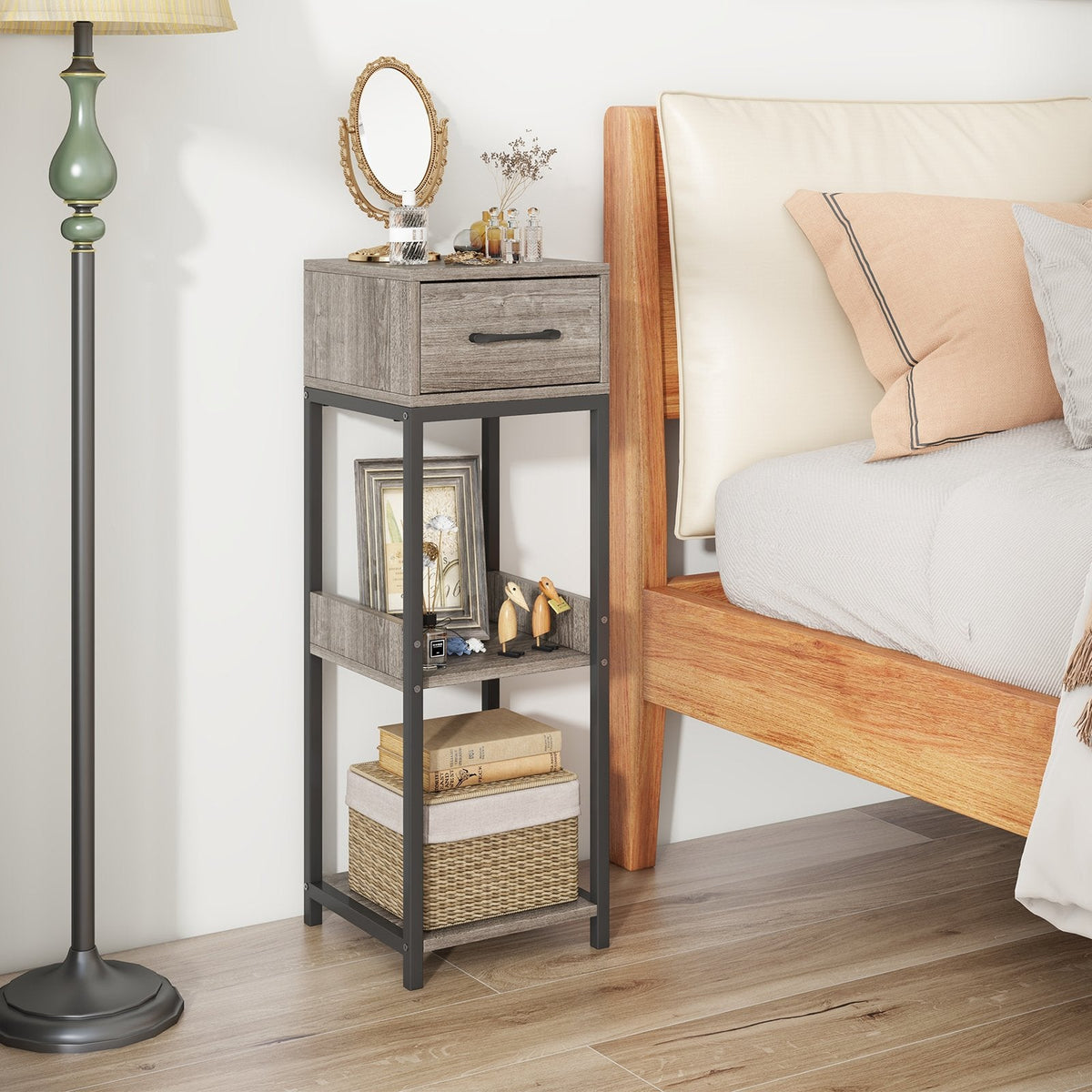 3-Tier Tall Plant Stand with Drawer and Anti-Tipping Kit, Grey