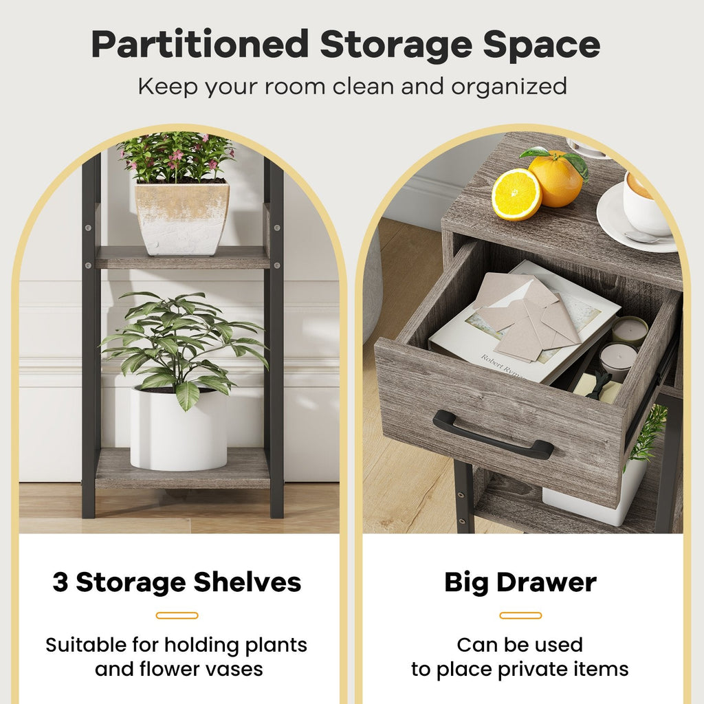 3-Tier Tall Plant Stand with Drawer and Anti-Tipping Kit, Grey