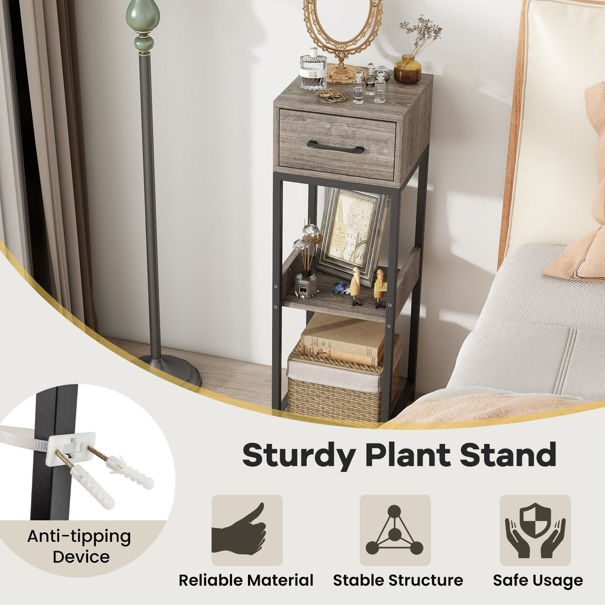 3-Tier Tall Plant Stand with Drawer and Anti-Tipping Kit, Grey
