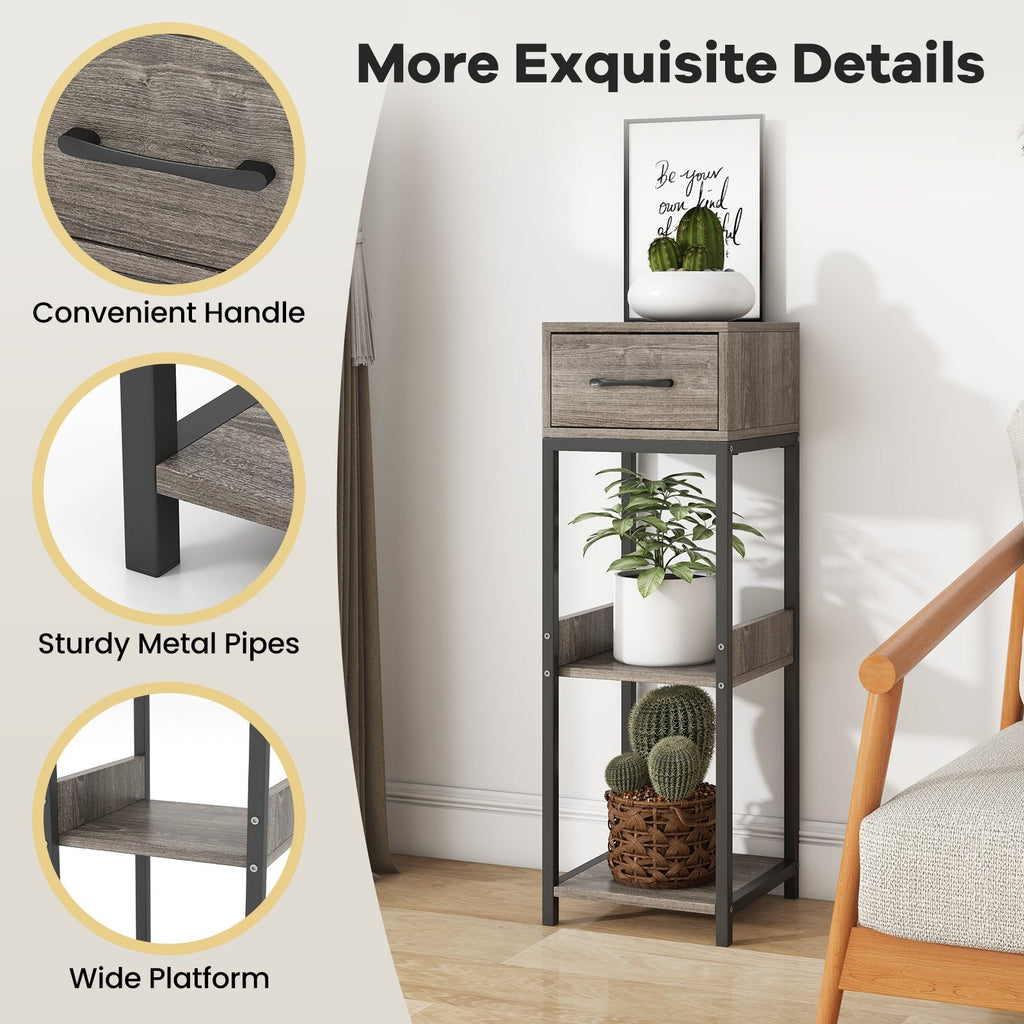 3-Tier Tall Plant Stand with Drawer and Anti-Tipping Kit, Grey