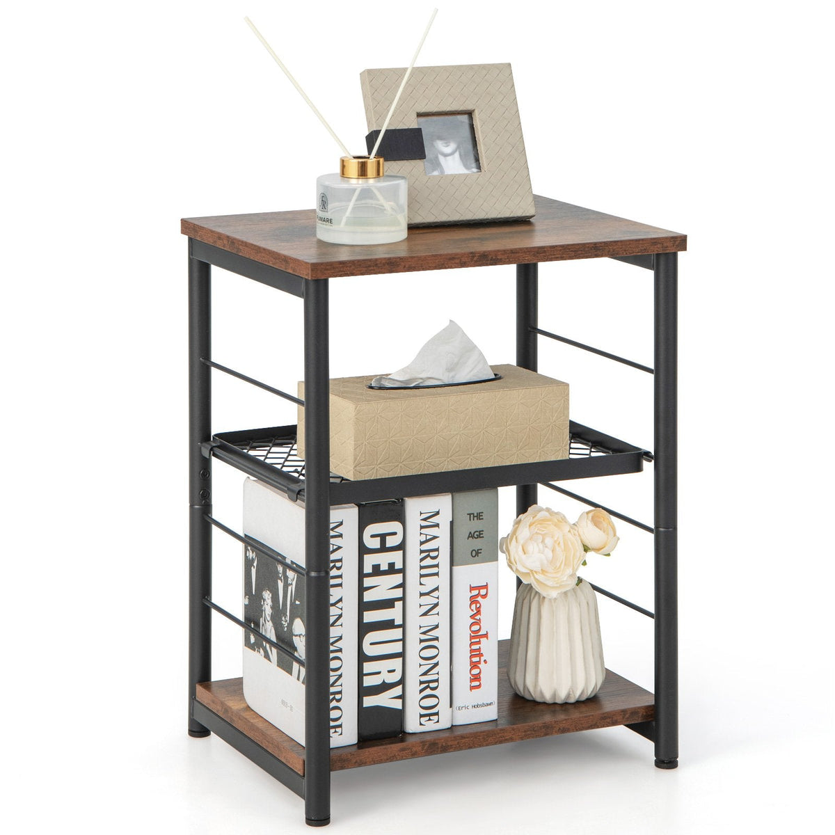 3 Tier Industrial Side Table with Adjustable Mesh Shelf, Rustic Brown