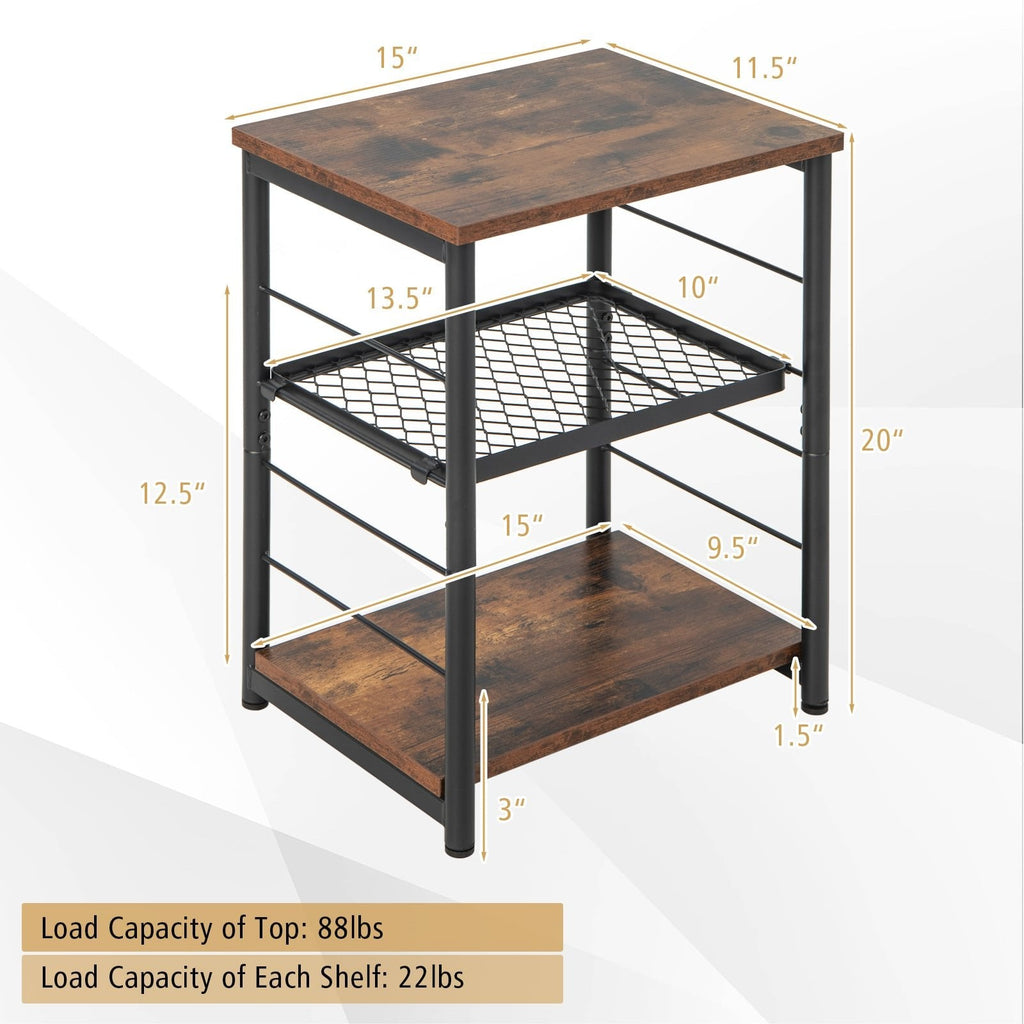 3 Tier Industrial Side Table with Adjustable Mesh Shelf, Rustic Brown