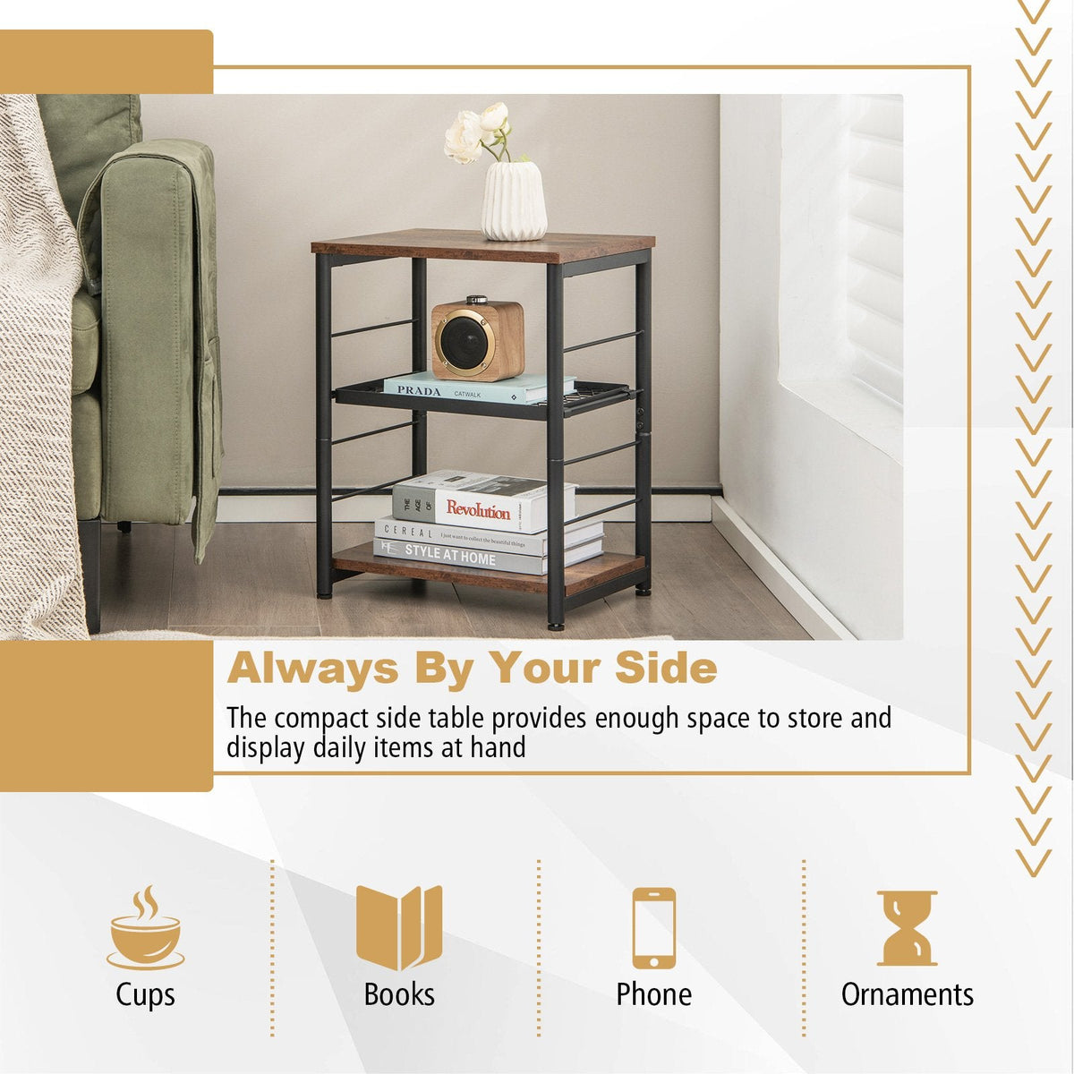 3 Tier Industrial Side Table with Adjustable Mesh Shelf, Rustic Brown