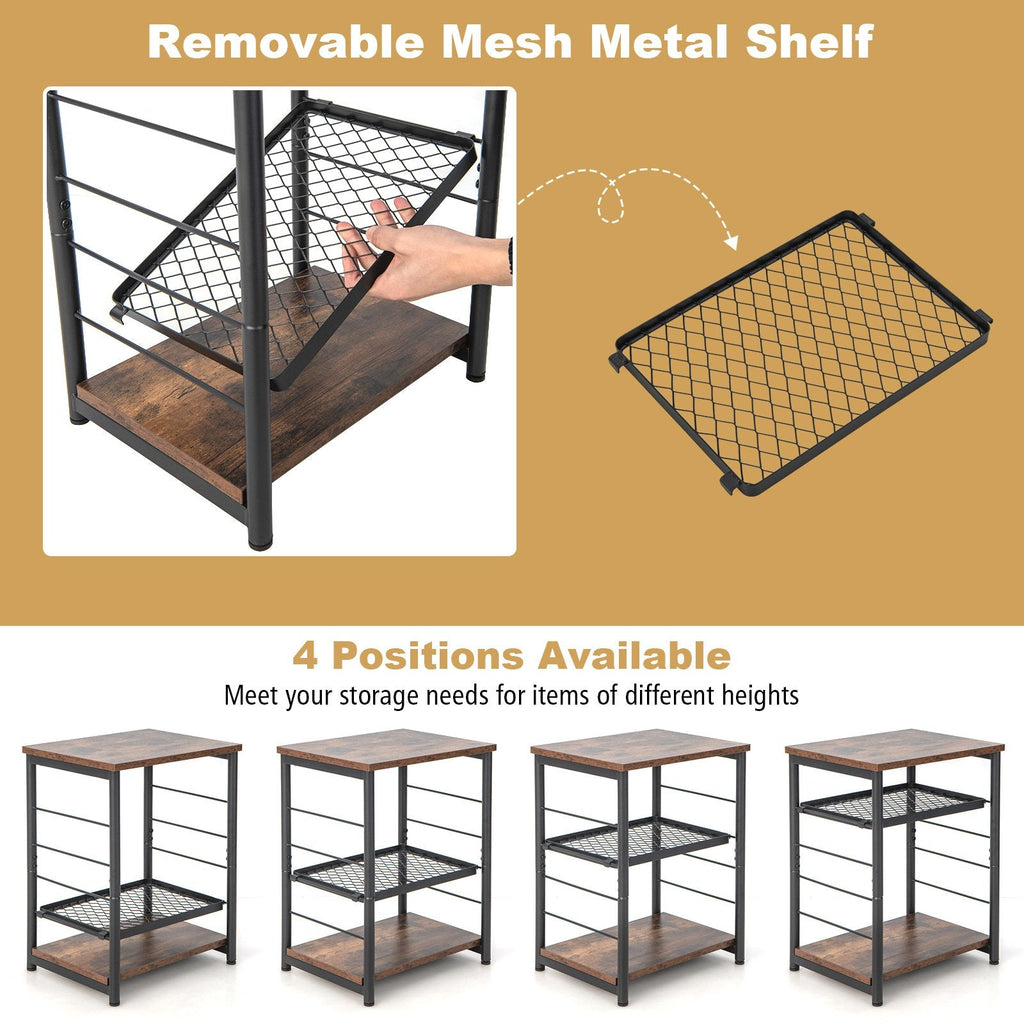 3 Tier Industrial Side Table with Adjustable Mesh Shelf, Rustic Brown