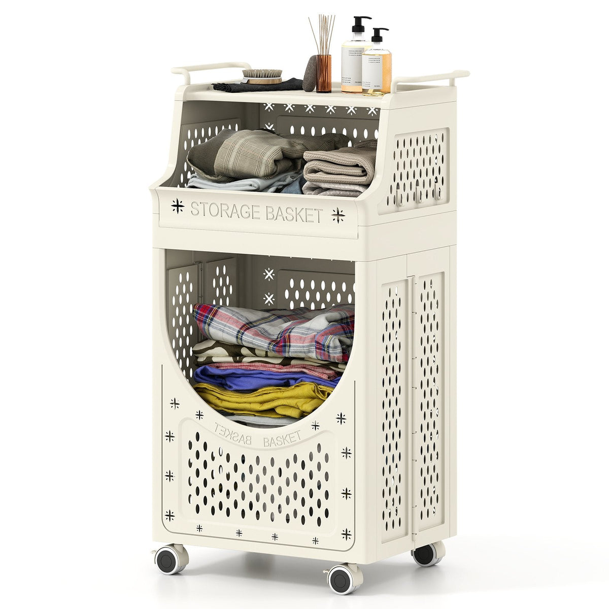 3-Tier Laundry Cart Folding Hamper with Lockable Wheels