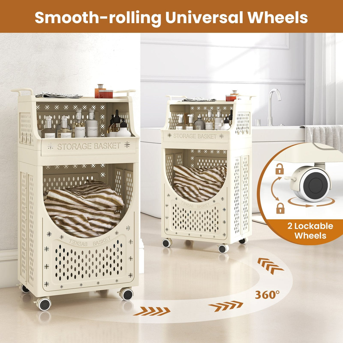 3-Tier Laundry Cart Folding Hamper with Lockable Wheels