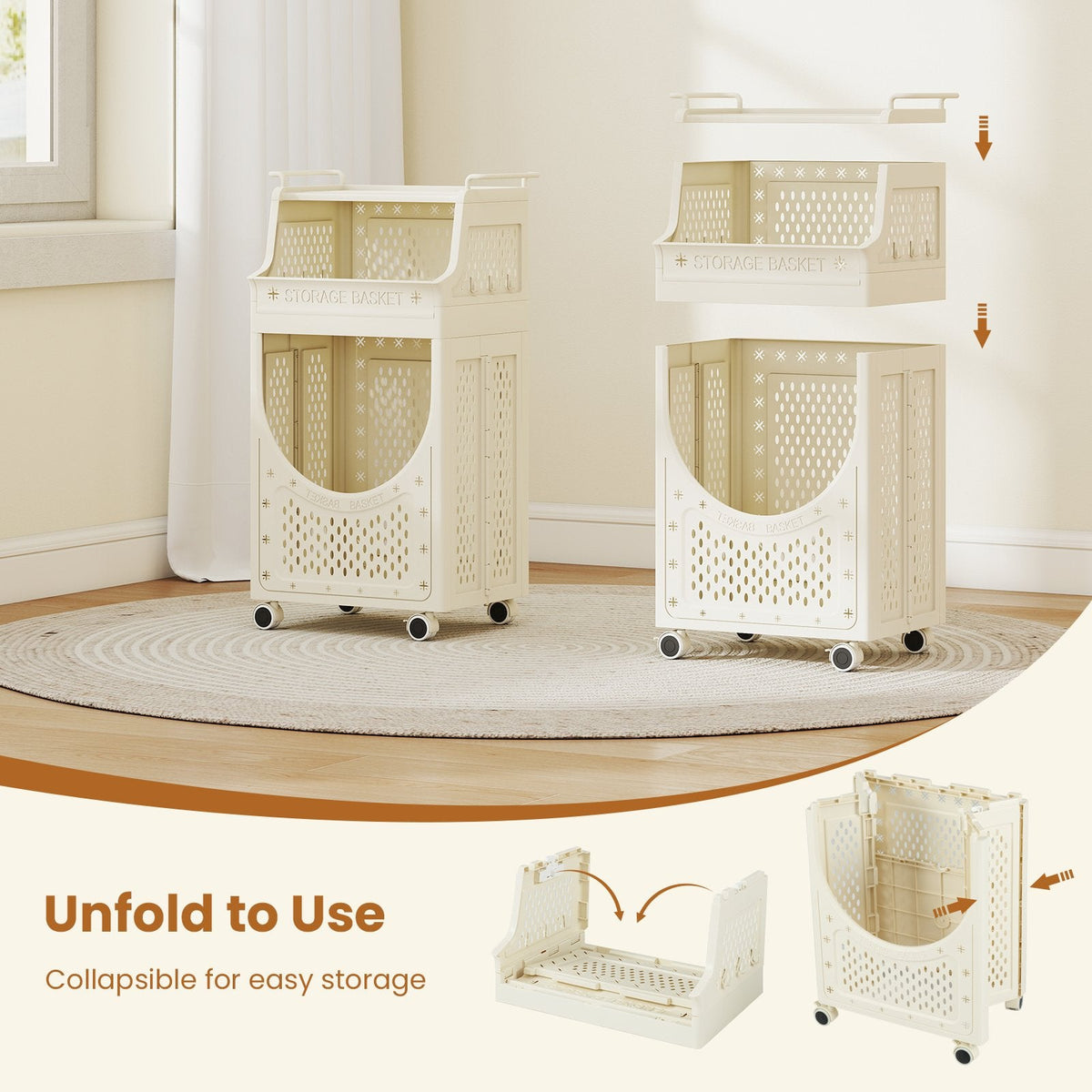 3-Tier Laundry Cart Folding Hamper with Lockable Wheels