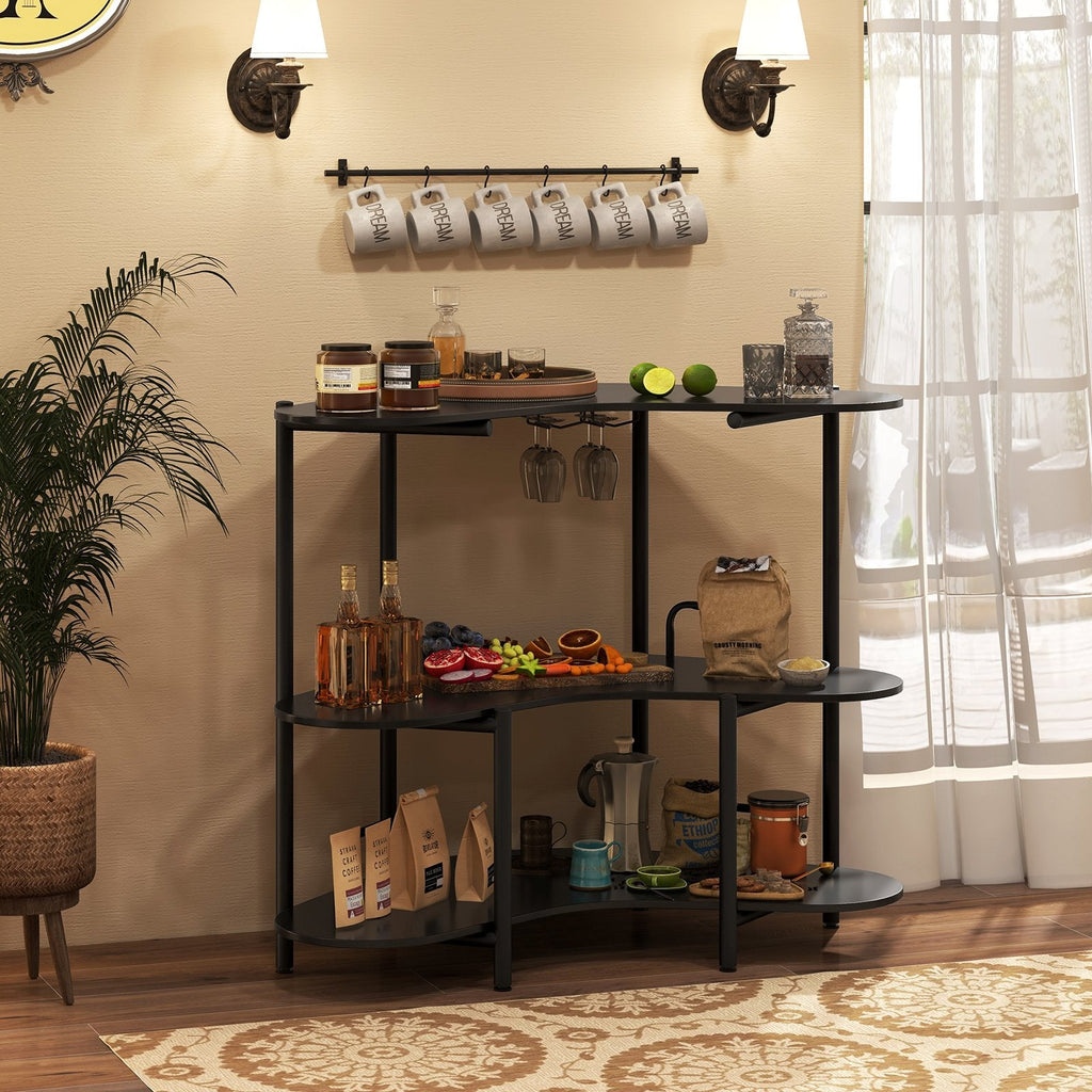 3-Tier Liquor Bar Table with Stemware Racks and Storage Shelves-Black