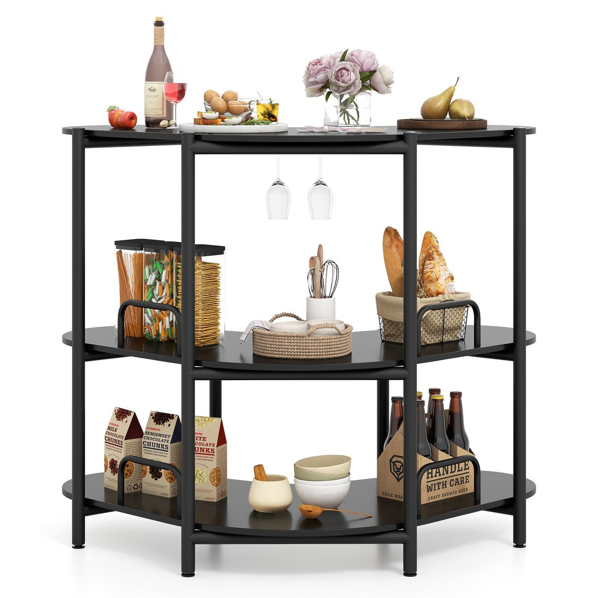 3-Tier Liquor Bar Table with Stemware Racks and Storage Shelves-Black