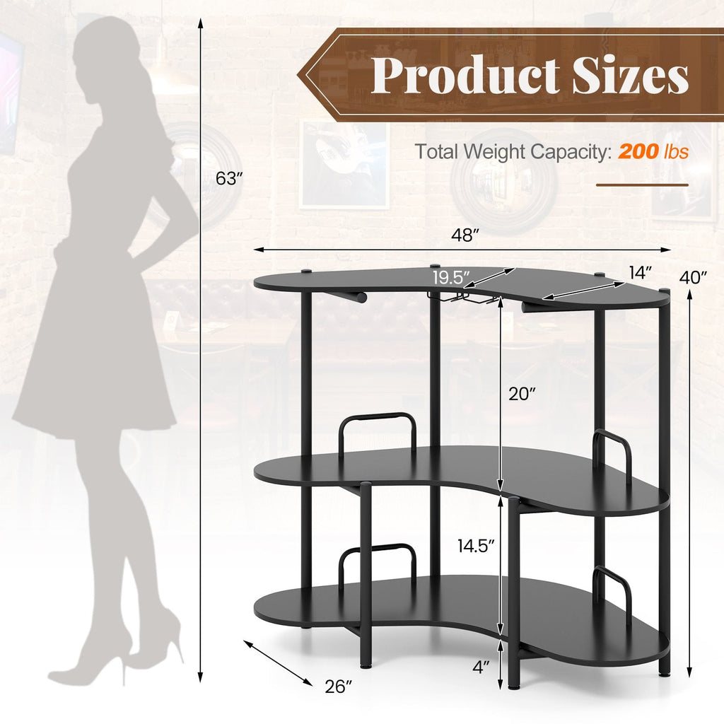 3-Tier Liquor Bar Table with Stemware Racks and Storage Shelves-Black