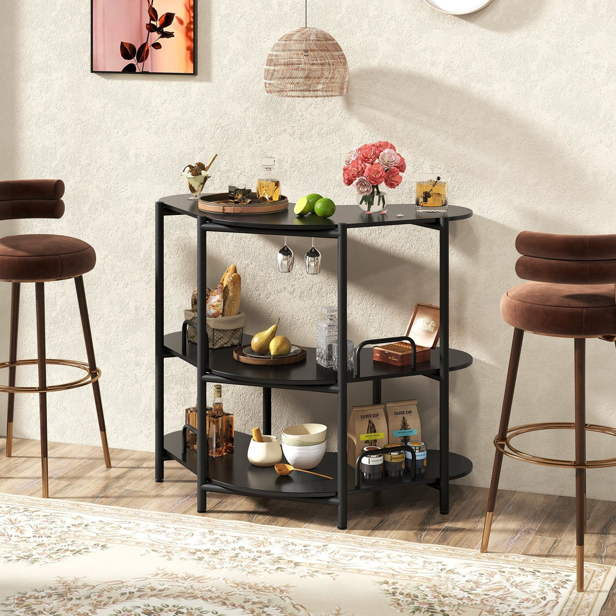 3-Tier Liquor Bar Table with Stemware Racks and Storage Shelves-Black