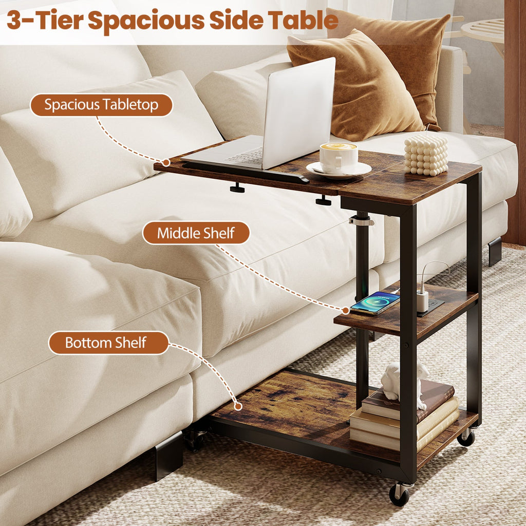 3-Tier Mobile Couch Side Table with Tiltable Tabletop-2 Piece