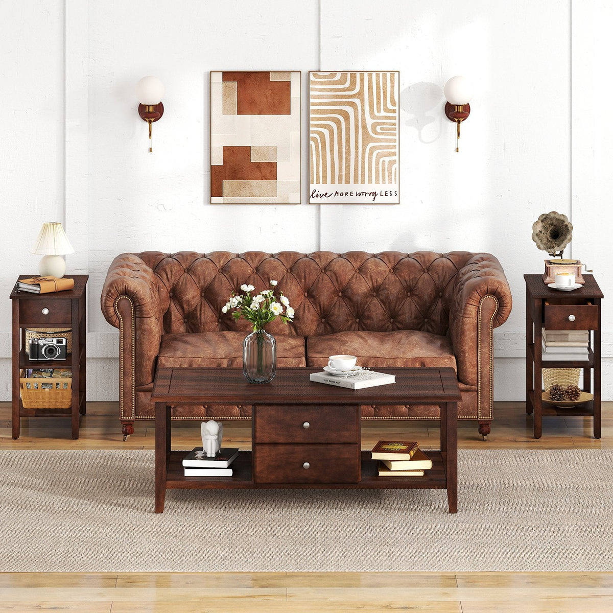 3-Tier Narrow End Table with Drawer and Storage Shelves Set of 2-Walnut