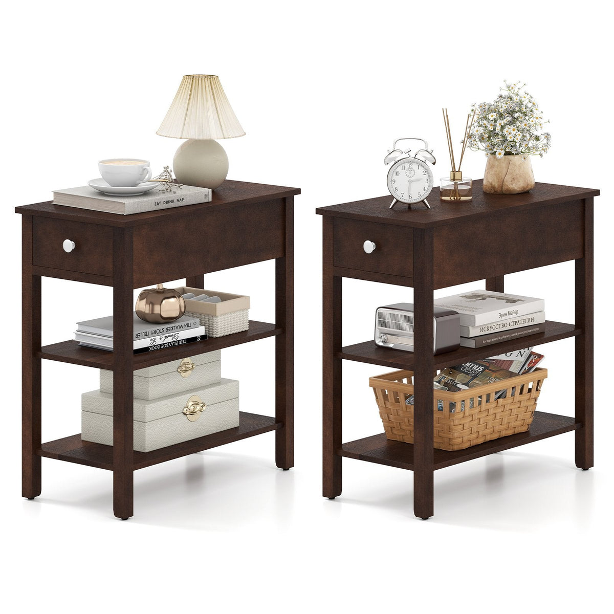 3-Tier Narrow End Table with Drawer and Storage Shelves Set of 2-Walnut