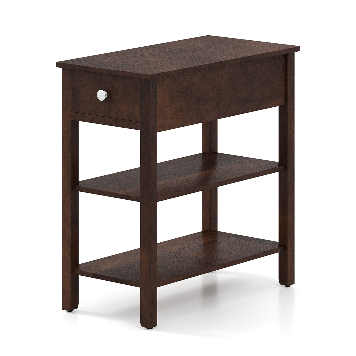 3-Tier Narrow End Table with Drawer and Storage Shelves-Walnut