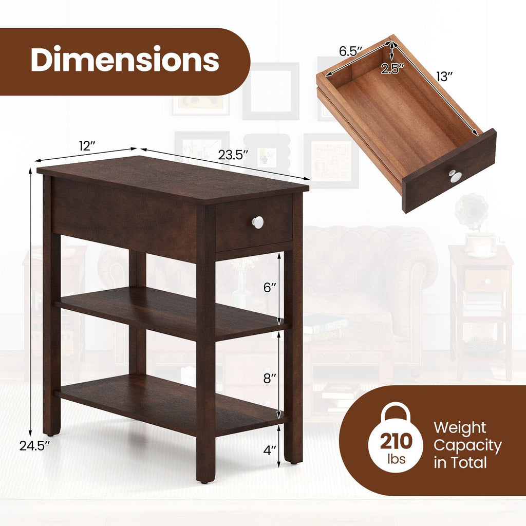 3-Tier Narrow End Table with Drawer and Storage Shelves-Walnut