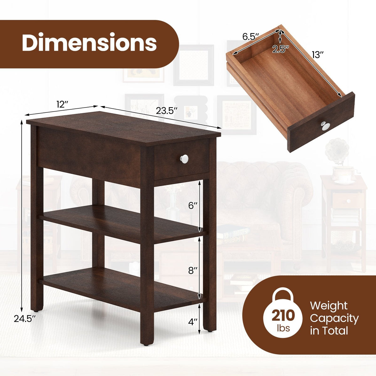 3-Tier Narrow End Table with Drawer and Storage Shelves-Walnut