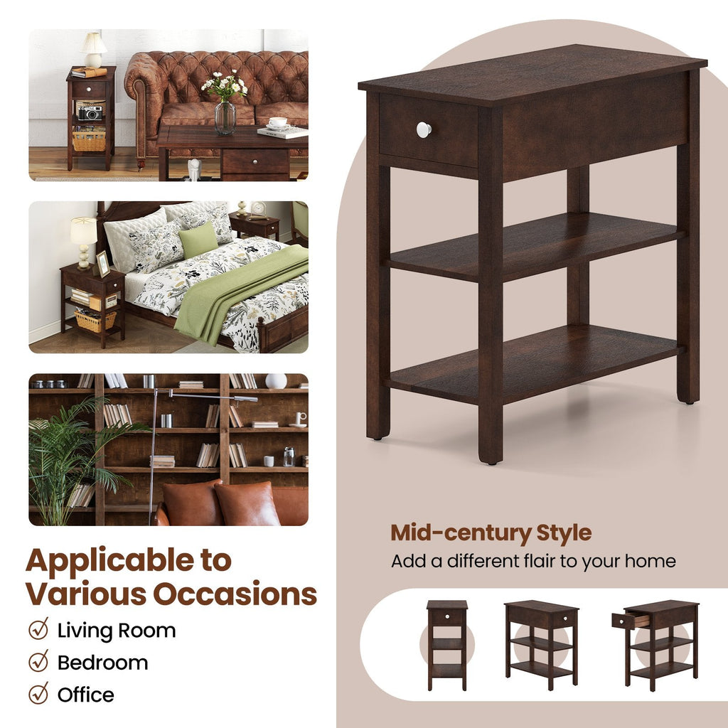 3-Tier Narrow End Table with Drawer and Storage Shelves-Walnut