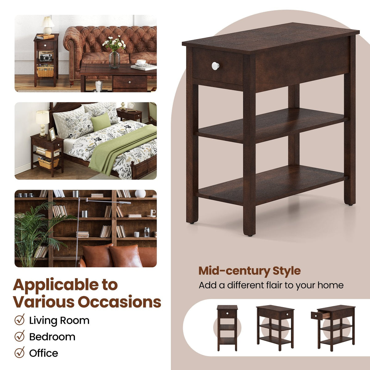 3-Tier Narrow End Table with Drawer and Storage Shelves-Walnut