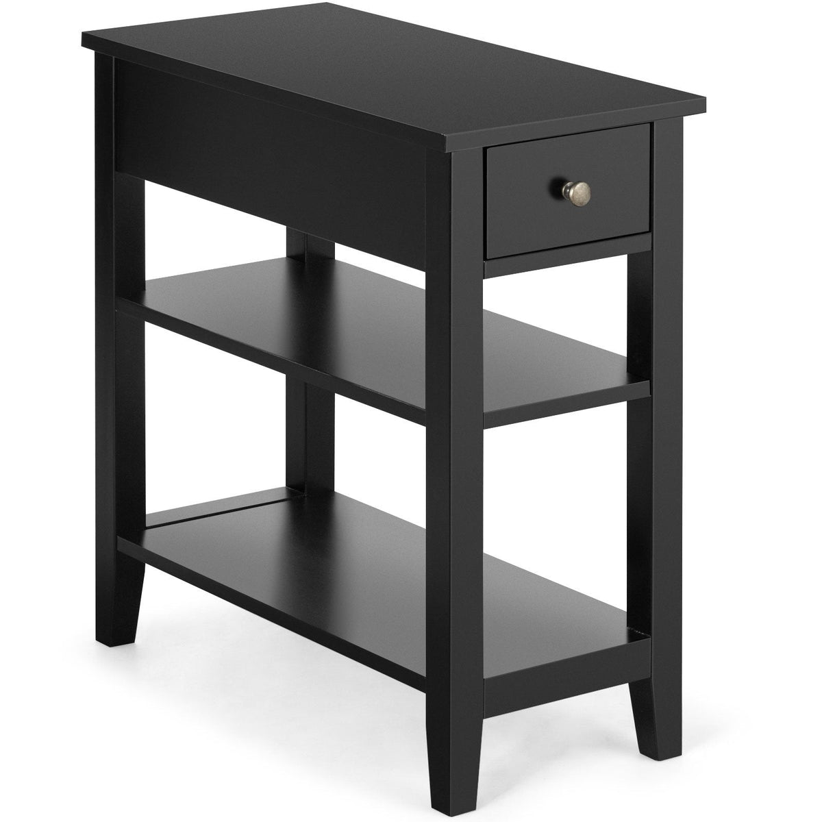 Narrow 3 Tier End Table with Drawer and Two Shelves, Black