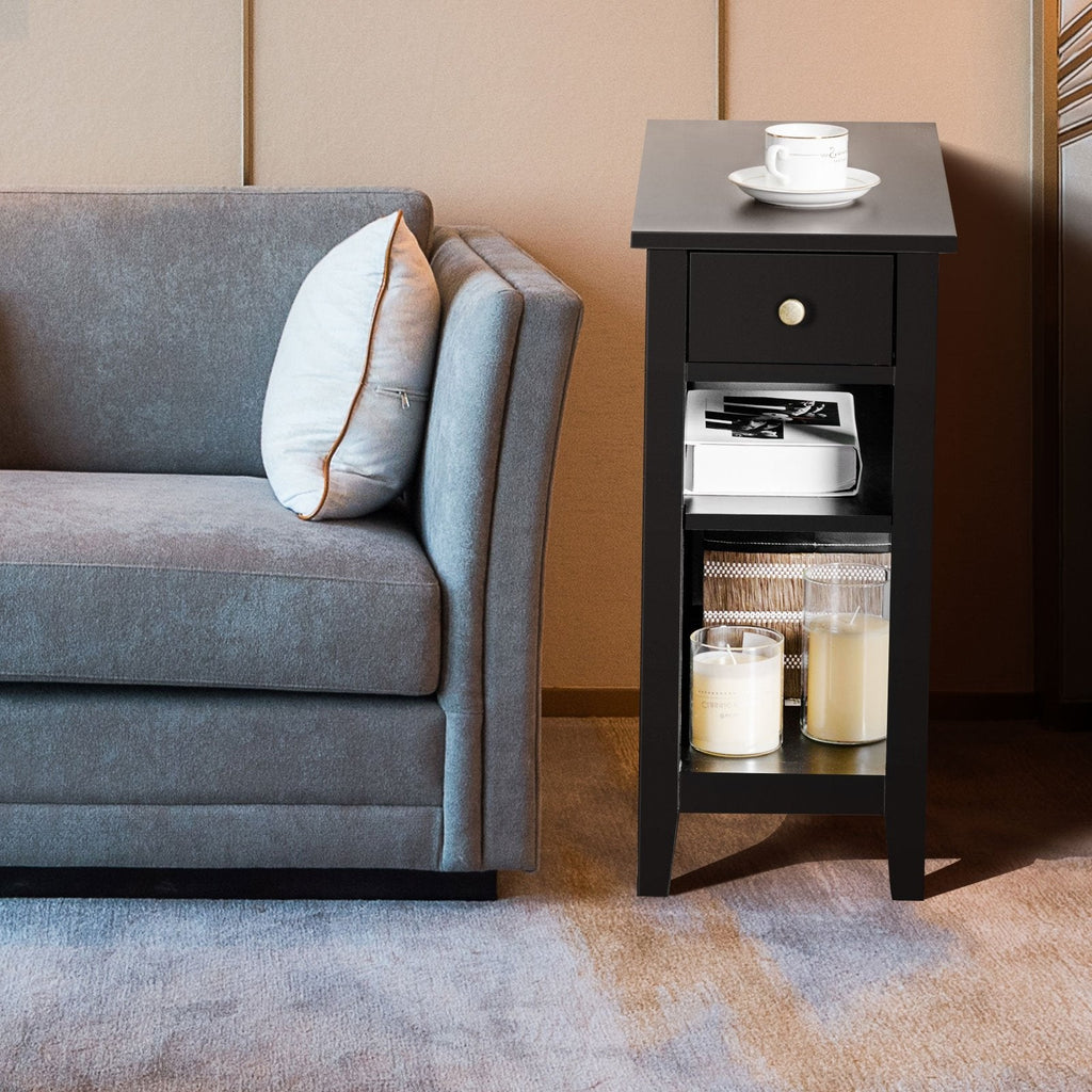 Narrow 3 Tier End Table with Drawer and Two Shelves, Black