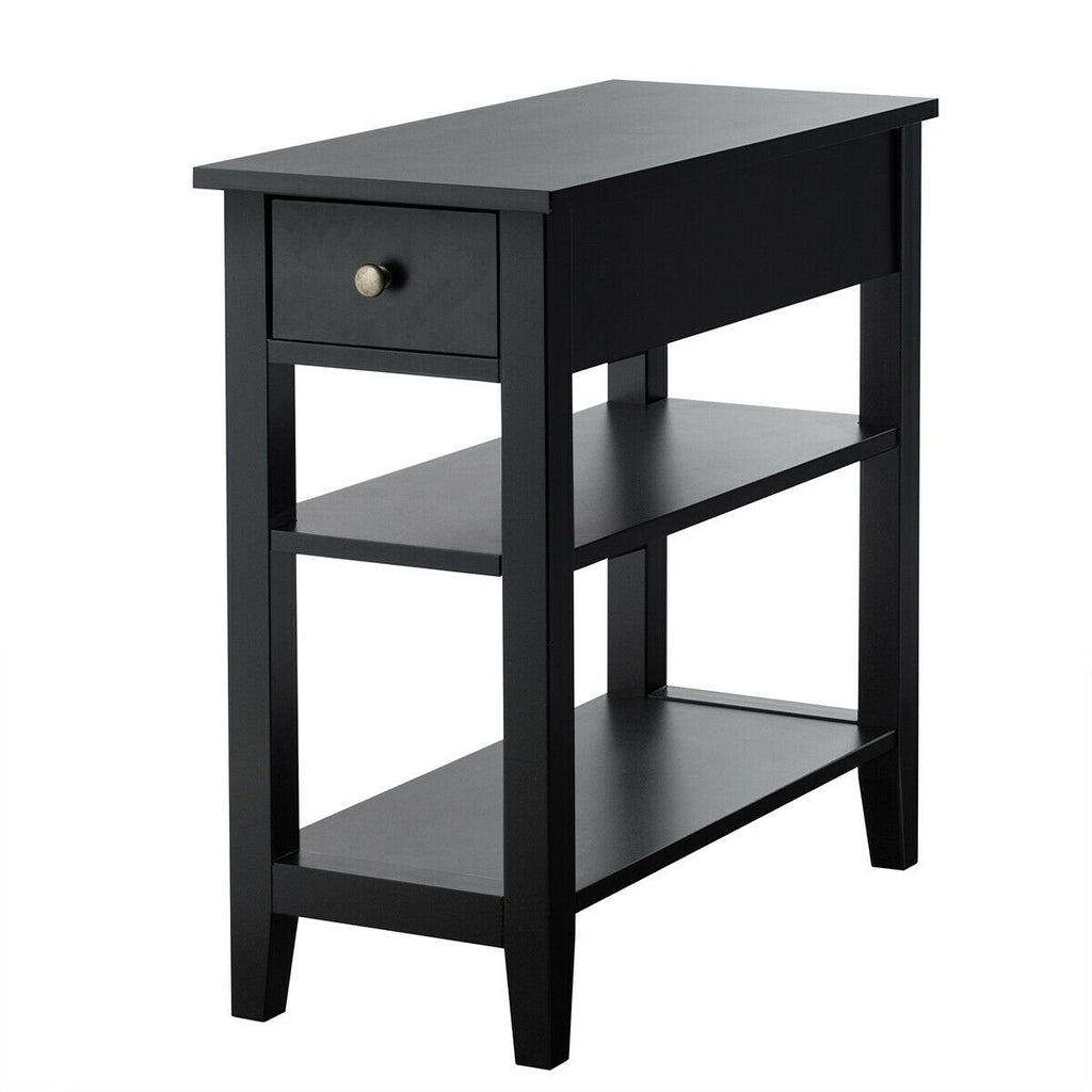 Narrow 3 Tier End Table with Drawer and Two Shelves, Black