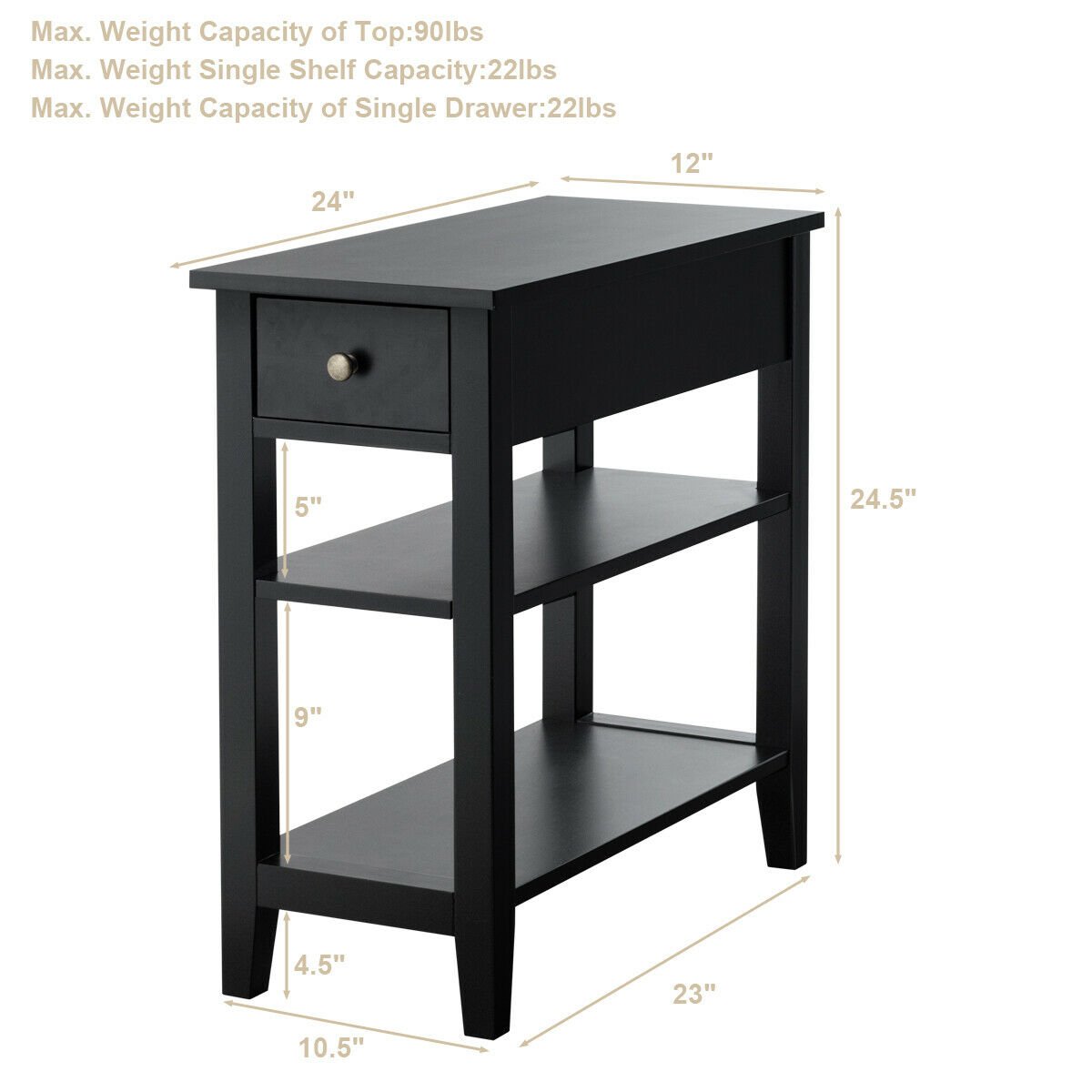 Narrow 3 Tier End Table with Drawer and Two Shelves, Black