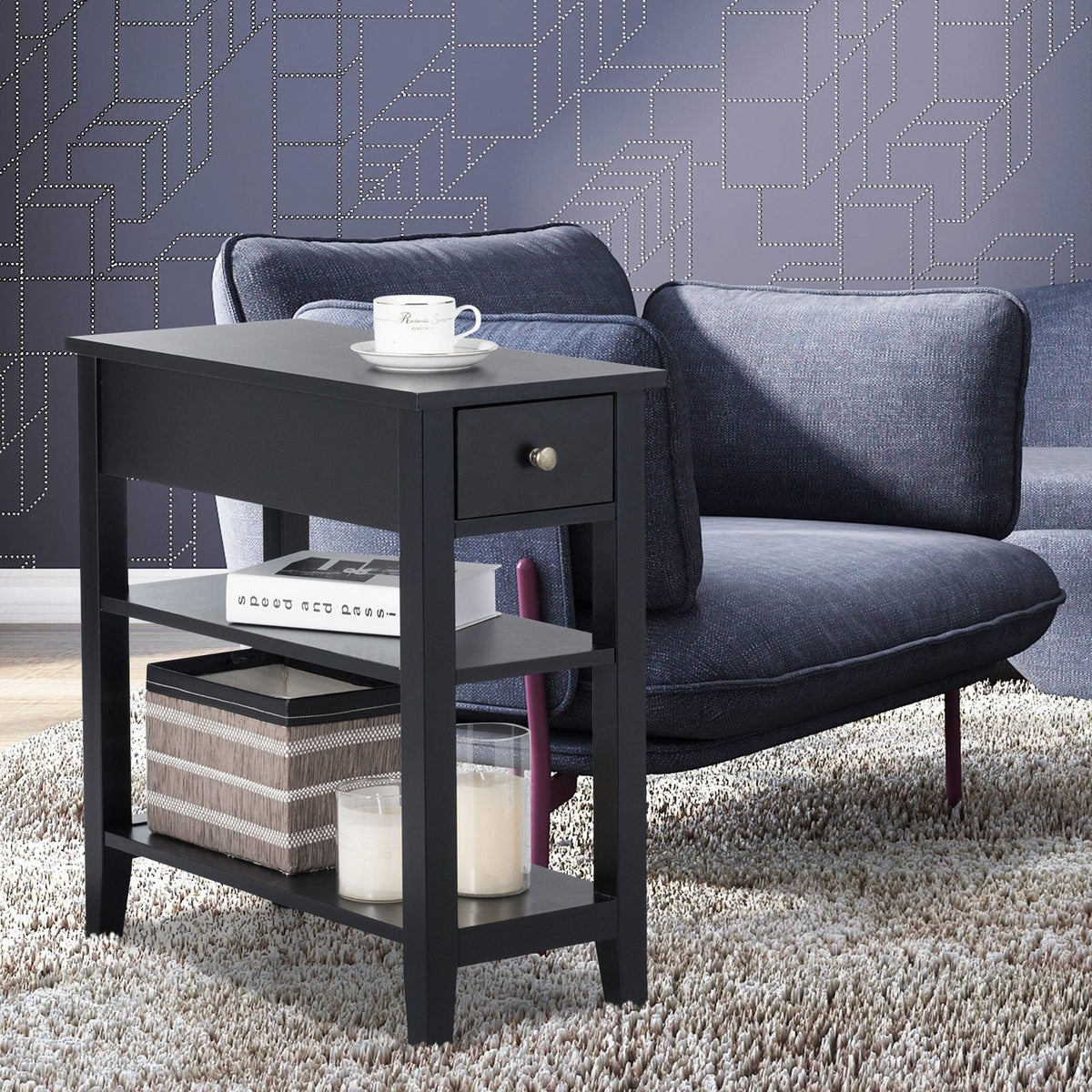 Narrow 3 Tier End Table with Drawer and Two Shelves, Black