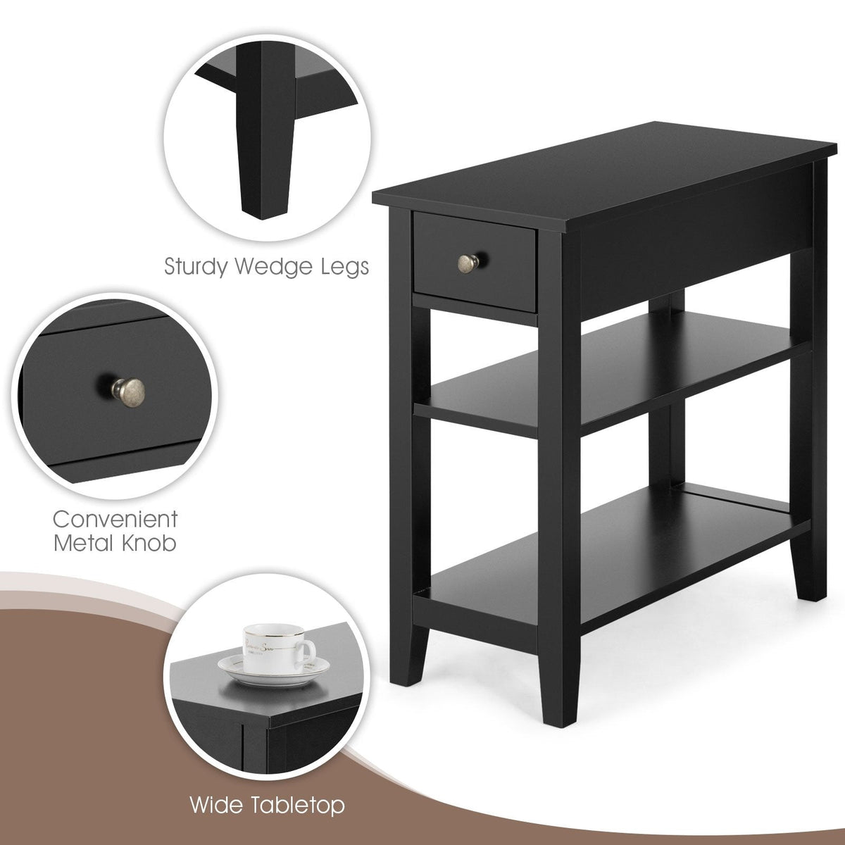 Narrow 3 Tier End Table with Drawer and Two Shelves, Black