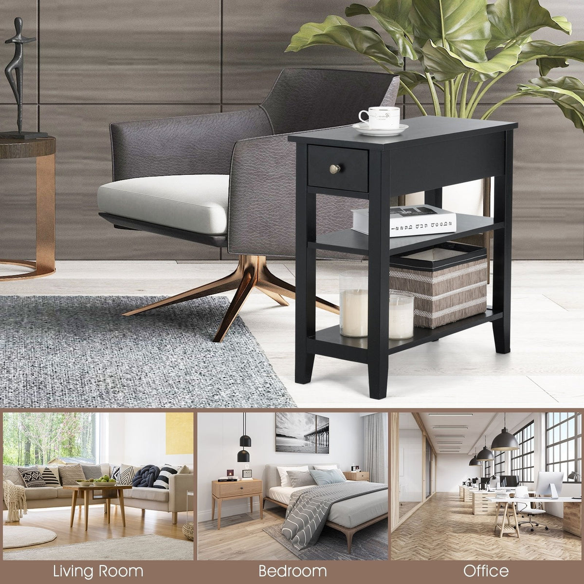 Narrow 3 Tier End Table with Drawer and Two Shelves, Black
