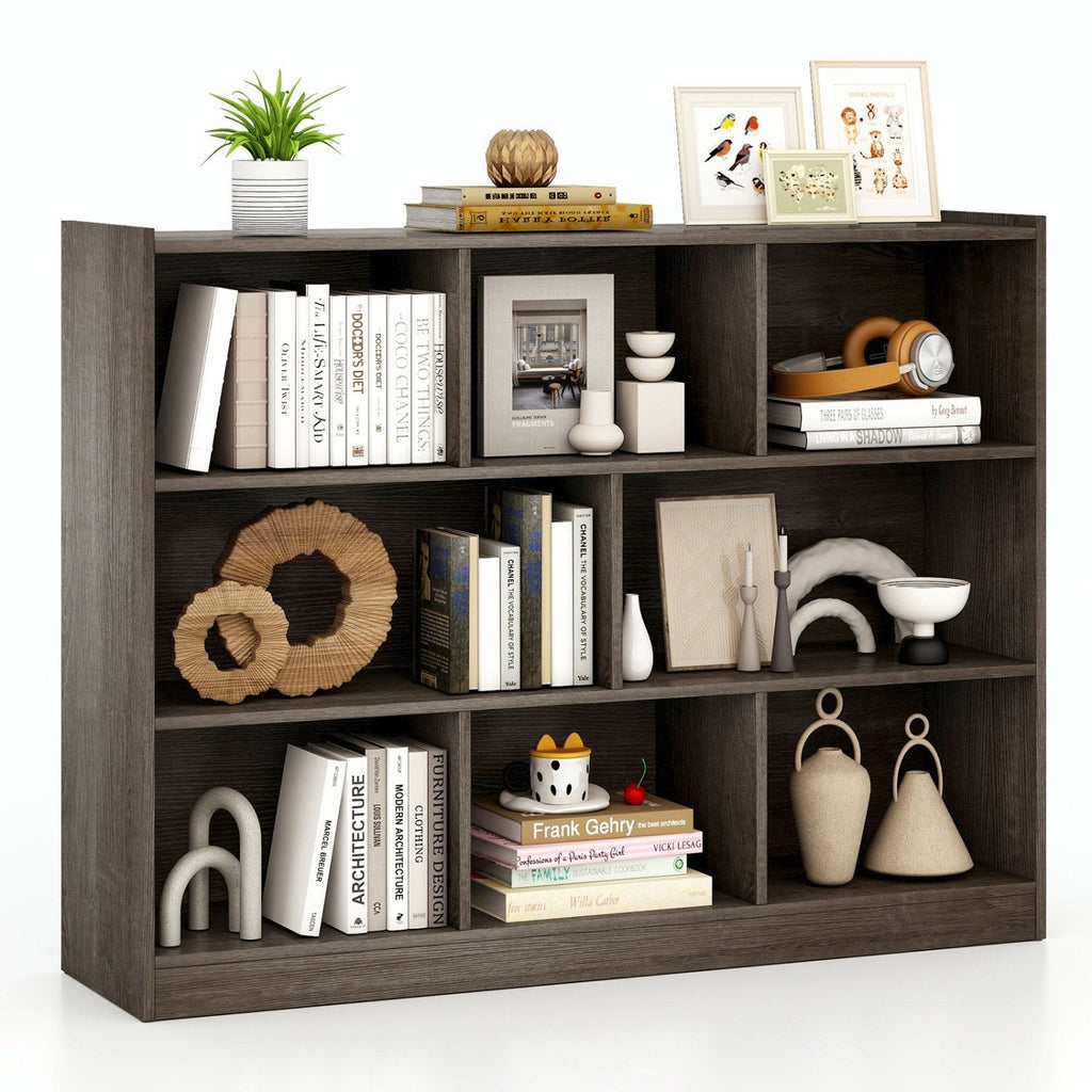 3 Tier Open Bookcase with 8 Cubes, Low Storage and Display Unit, Grey