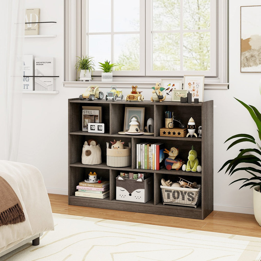 3 Tier Open Bookcase with 8 Cubes, Low Storage and Display Unit, Grey