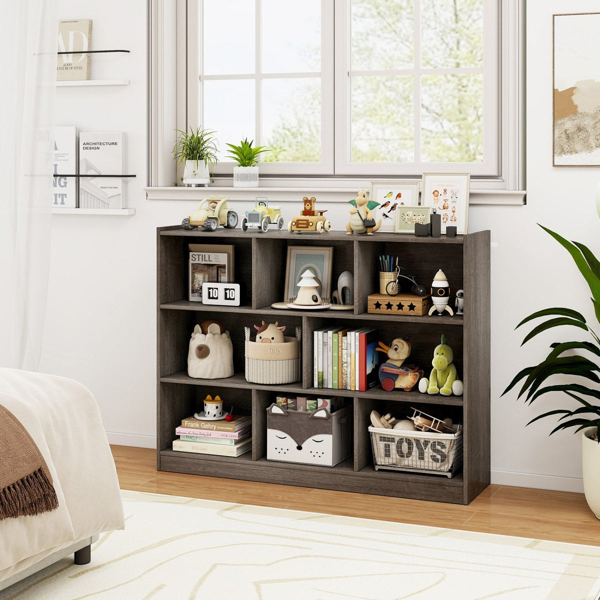 3 Tier Open Bookcase with 8 Cubes, Low Storage and Display Unit, Grey