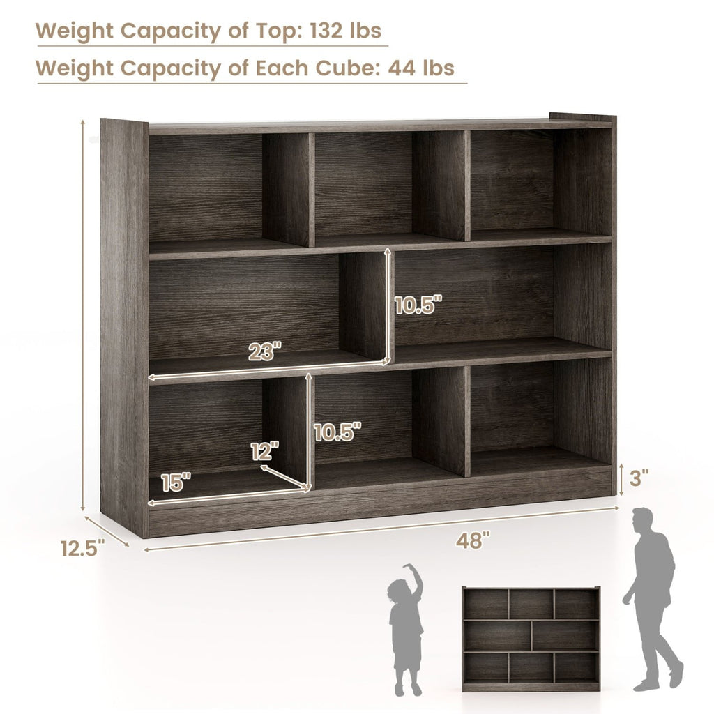 3 Tier Open Bookcase with 8 Cubes, Low Storage and Display Unit, Grey