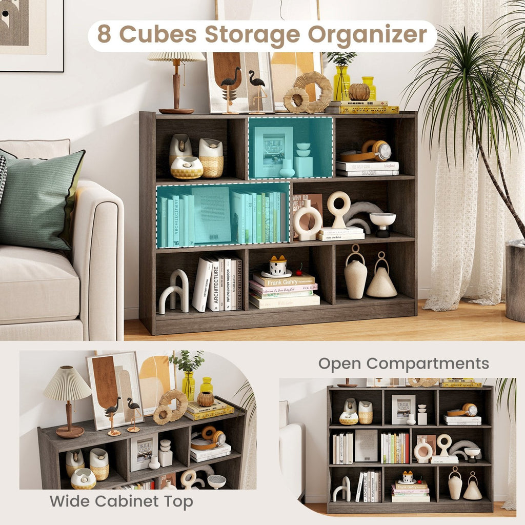 3 Tier Open Bookcase with 8 Cubes, Low Storage and Display Unit, Grey