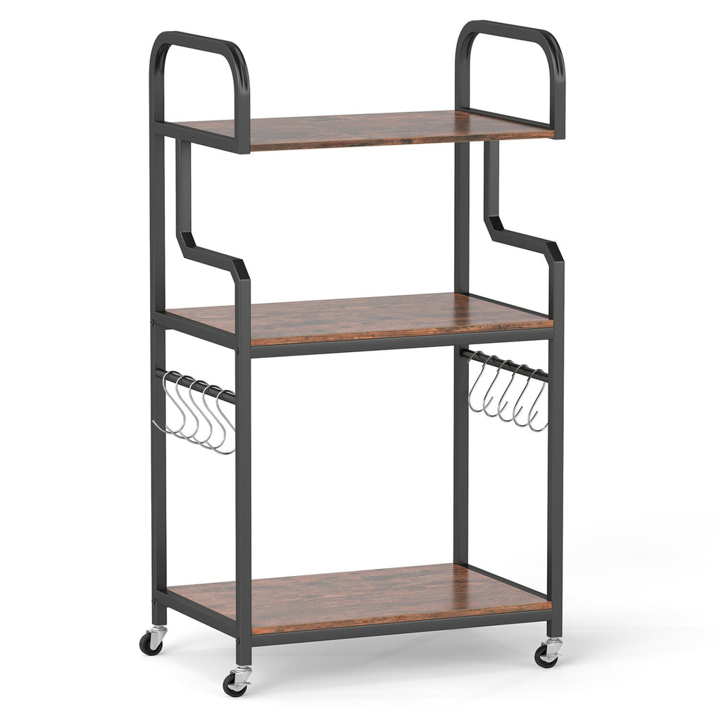 3-Tier Rolling Printer Stand with Storage Shelves & 10 Hooks and Locking Wheels-Rustic Brown