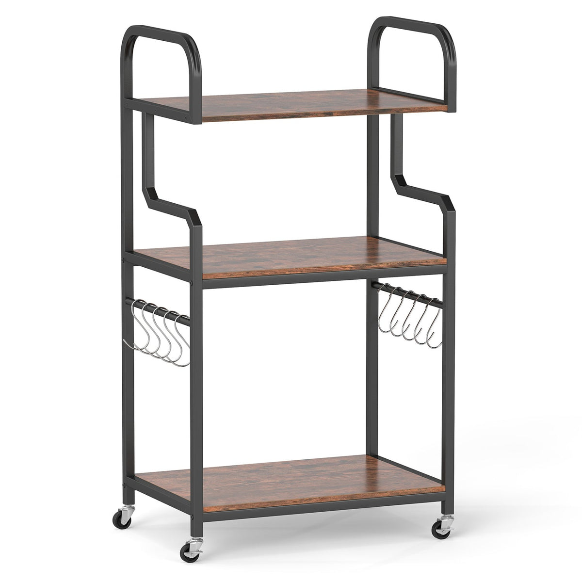 3-Tier Rolling Printer Stand with Storage Shelves & 10 Hooks and Locking Wheels-Rustic Brown
