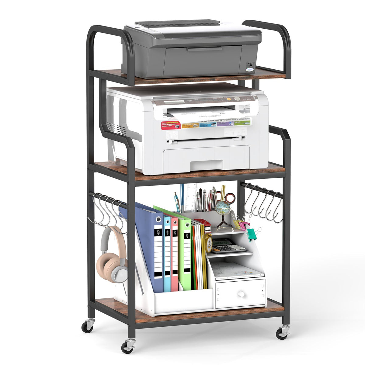 3-Tier Rolling Printer Stand with Storage Shelves & 10 Hooks and Locking Wheels-Rustic Brown