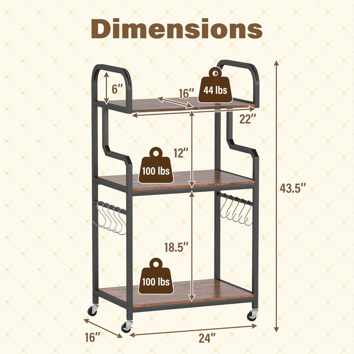 3-Tier Rolling Printer Stand with Storage Shelves & 10 Hooks and Locking Wheels-Rustic Brown