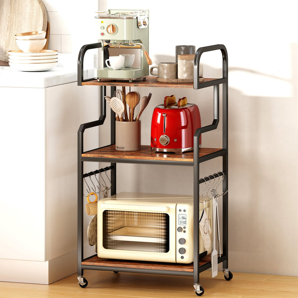 3-Tier Rolling Printer Stand with Storage Shelves & 10 Hooks and Locking Wheels-Rustic Brown