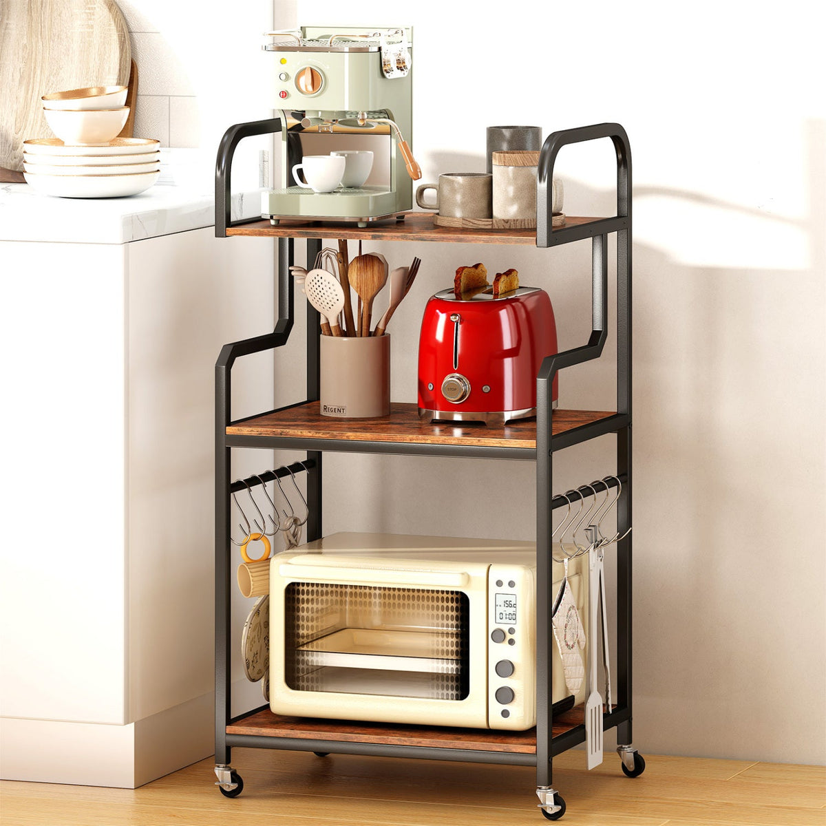 3-Tier Rolling Printer Stand with Storage Shelves & 10 Hooks and Locking Wheels-Rustic Brown