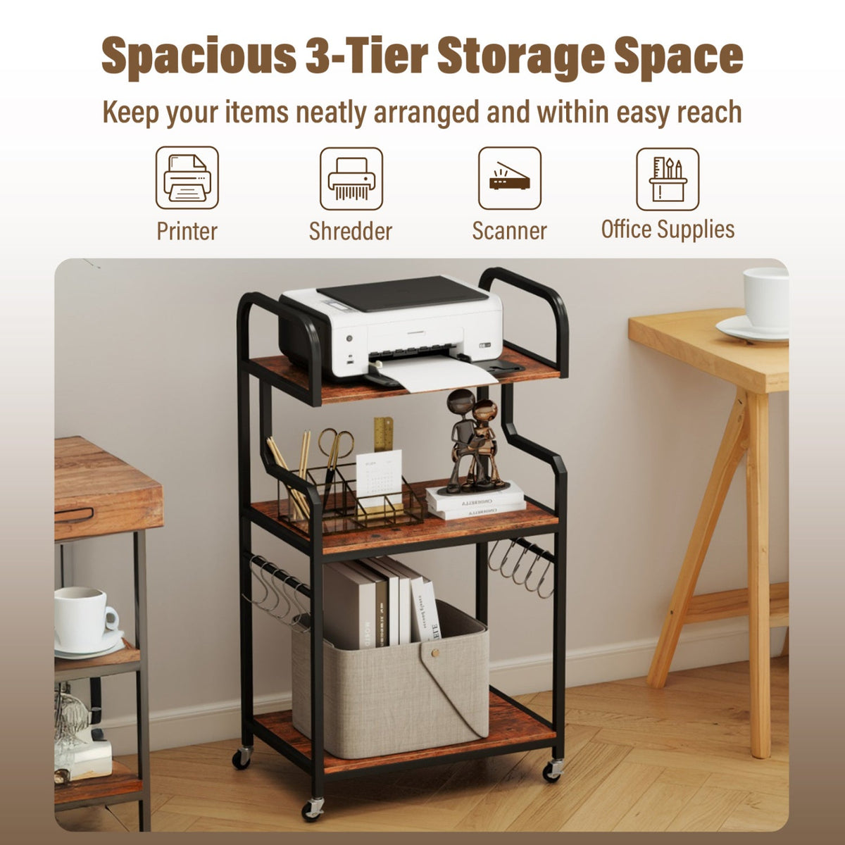 3-Tier Rolling Printer Stand with Storage Shelves & 10 Hooks and Locking Wheels-Rustic Brown